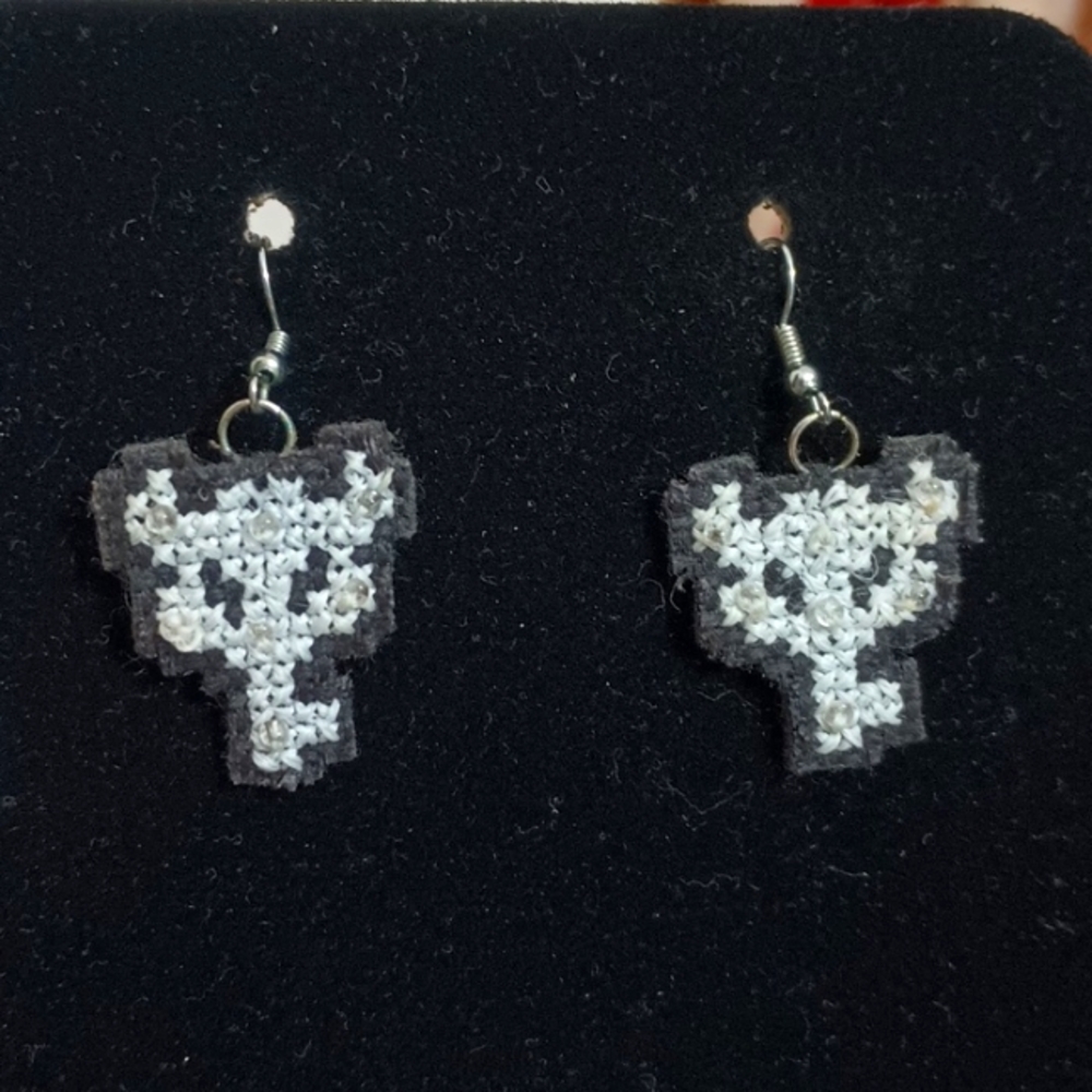 Handmade cross stitch silver Zelda Boss Key earrings